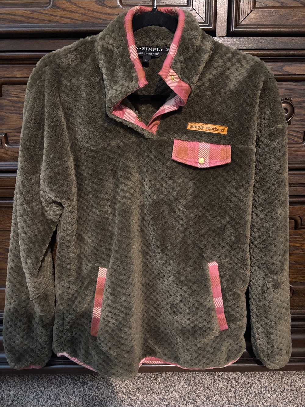 Small Simply Southern Olive Plush Pullover with Pink Plaid Accents